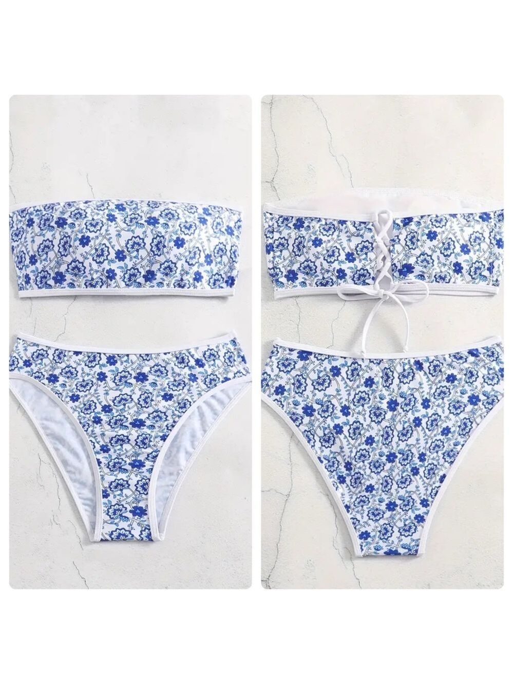 Blue Floral Bandeau High Waisted Bikini Set